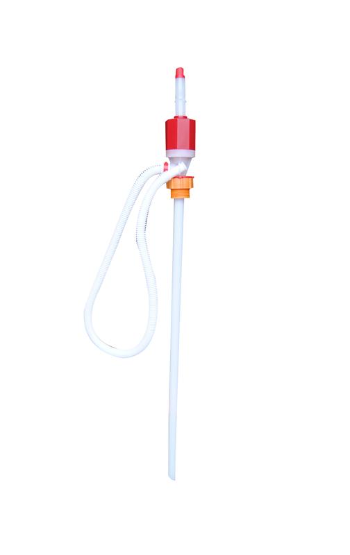 Pompe siphon manuelle vide-fût plastique rouge pour fûts 200 litres avec tuyau flexible
