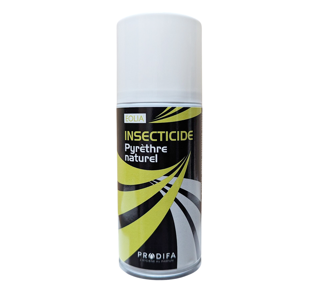 Recharge insecticide aérosol 150 ml Eolia Prodifa au pyrèthre naturel, non parfumée, avec diffuseur blanc pour usage manuel ou automatique.