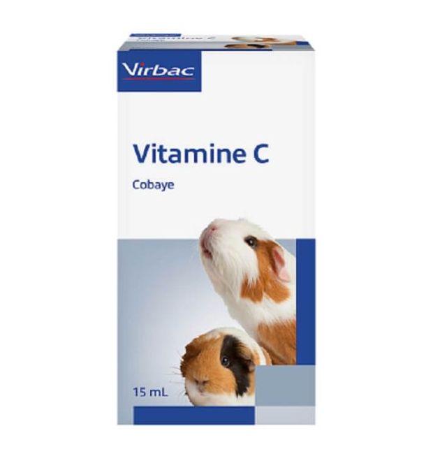 Boîte blanche et bleue de Vitamine C Cobaye Virbac (15 ml) avec l'illustration de deux cochons d'Inde, solution d'acide ascorbique pour rongeurs.