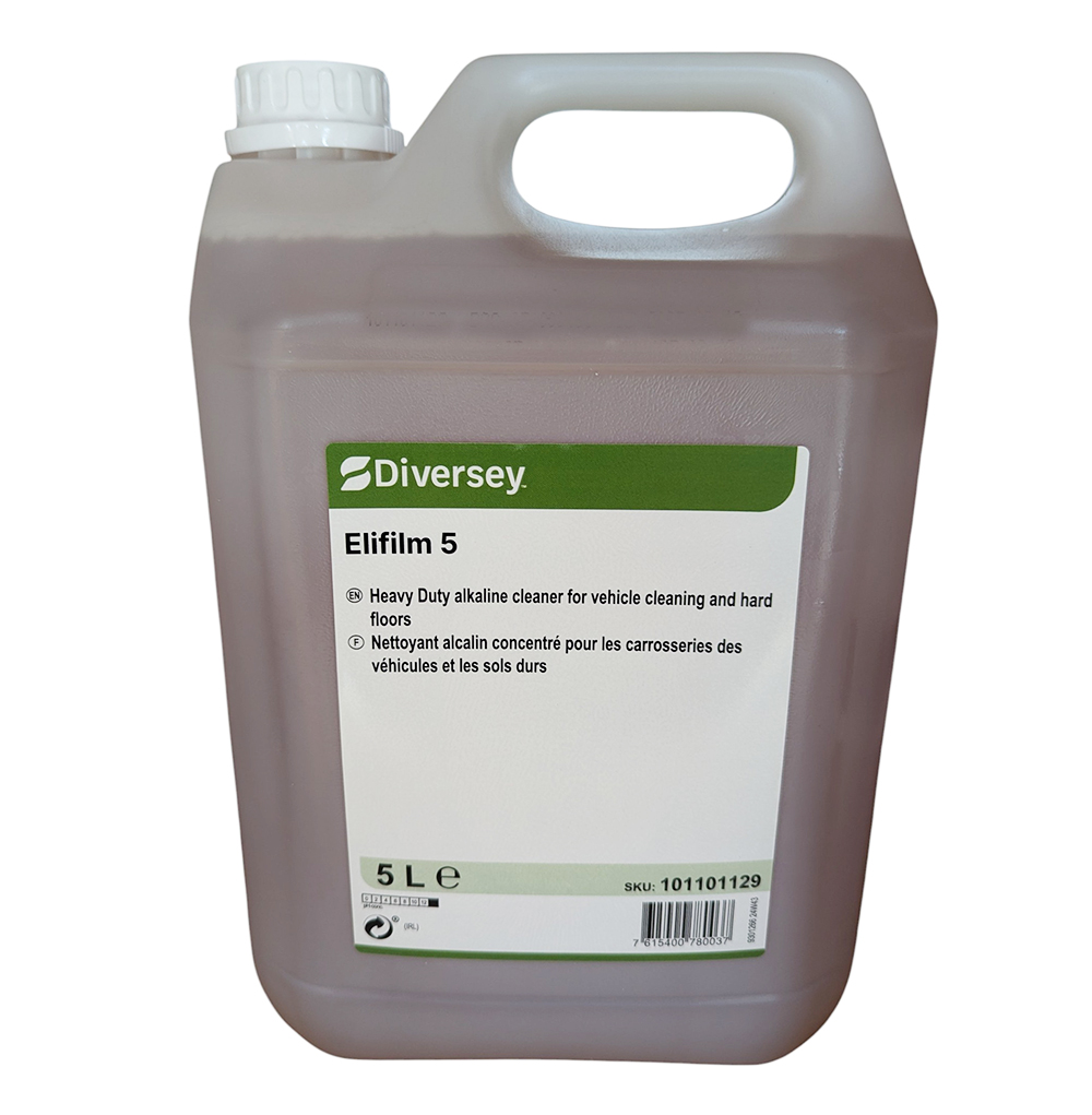 Bidon de 5 litres de nettoyant alcalin concentré ELIFILM 5 Diversey pour le nettoyage intensif des véhicules et engins agricoles sans traces ni corrosion.