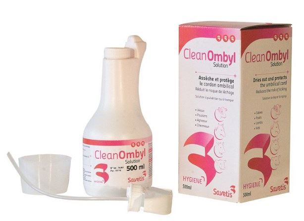 Flacon CleanOmbyl Savetis 500 ml – solution pour assécher et protéger le cordon ombilical des veaux, agneaux et chevreaux.