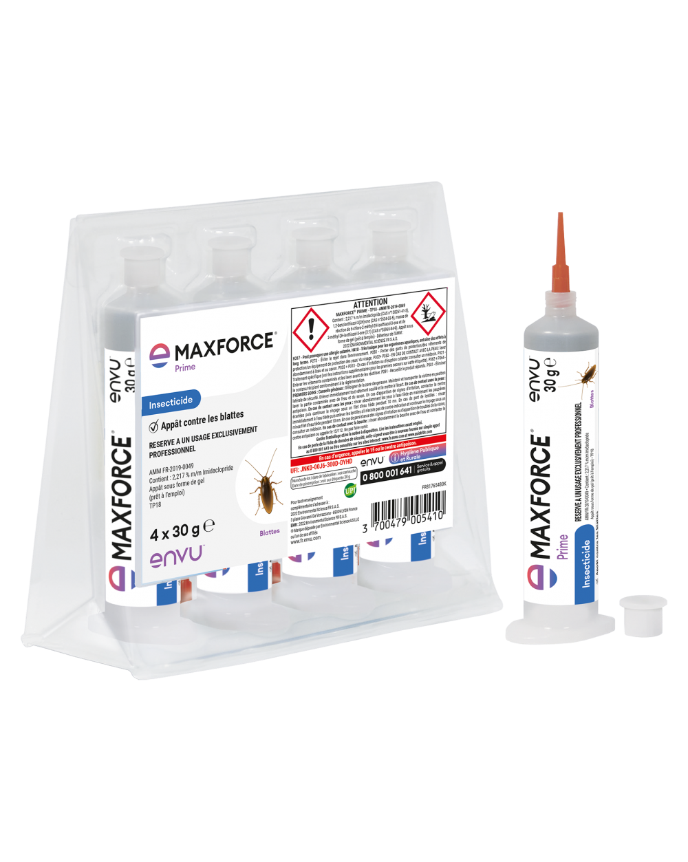 Pack 4x30g Maxforce Prime Envu gel insecticide professionnel contre les blattes et cafards.