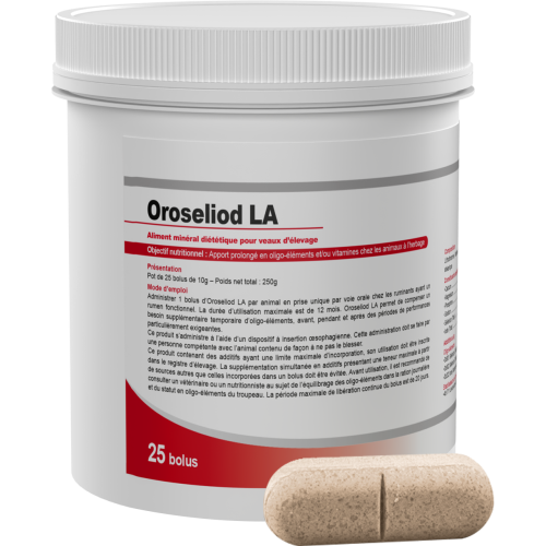 Pot de 25 bolus Oroseliod LA, aliment minéral diététique Iode et Sélénium pour veaux d'élevage.