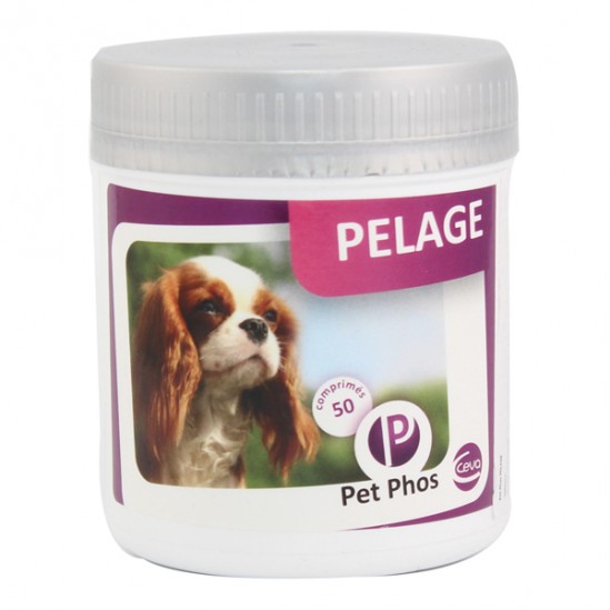 Boîte Pet Phos Pelage Ceva 50 comprimés complément alimentaire chien peau et poils
