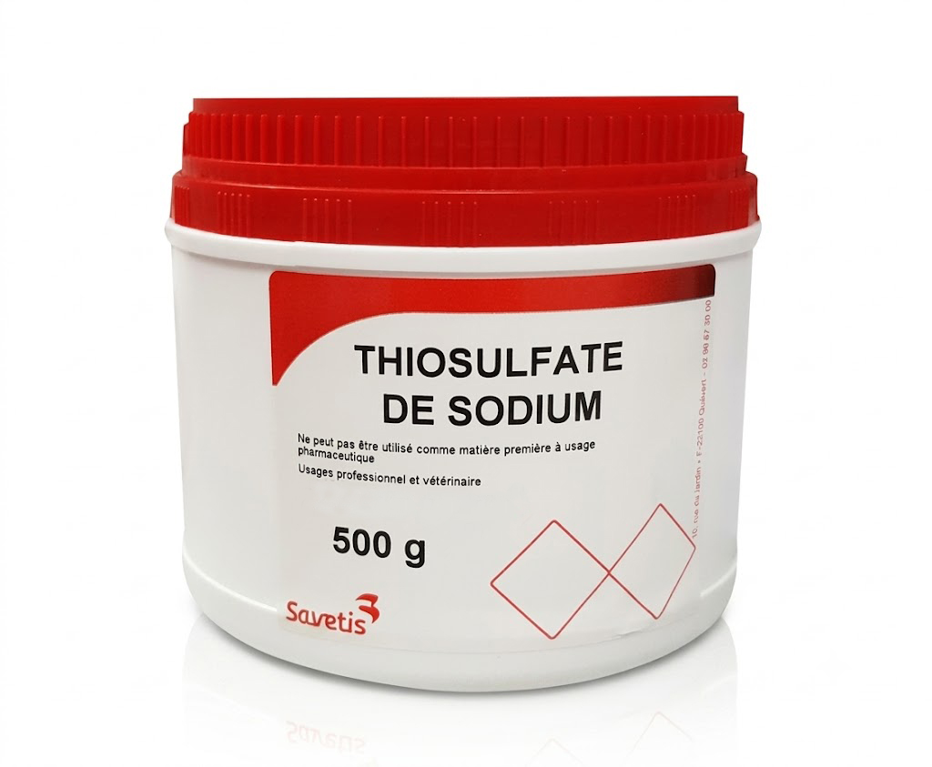 Boîte de 500 g de Thiosulfate de Sodium Savetis pour la neutralisation des biocides tels que le chlore, l'iode et le brome dans l'eau.