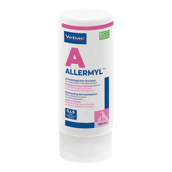 Allermyl Shampooing Dermatologique 250 ml Virbac – shampooing apaisant pour chien et chat à peau irritée ou allergique.