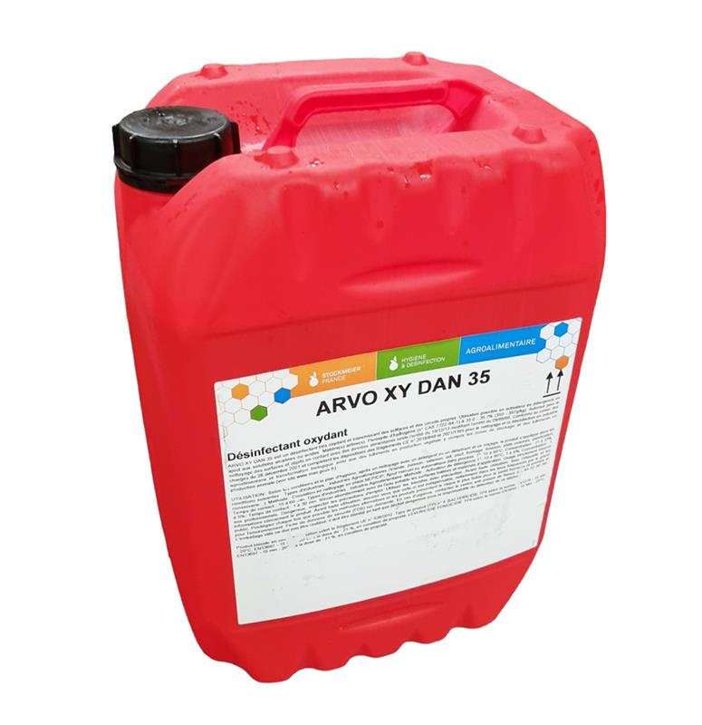 Bidon rouge de 22 kg de désinfectant oxydant ARVO XY DAN 35, peroxyde d'hydrogène 35 % pour surfaces alimentaires et agriculture biologique.