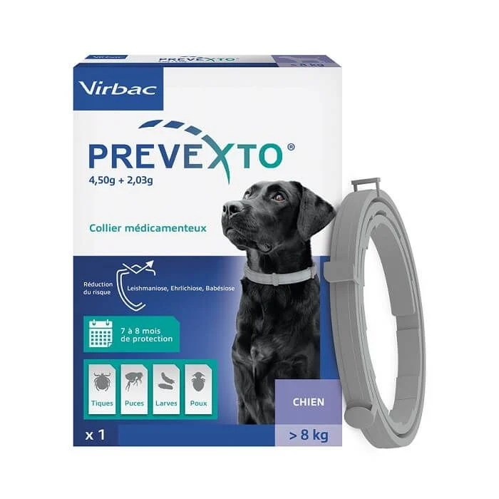 Boîte collier Prevexto Virbac grand chien 70cm anti-tiques puces.