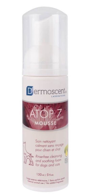 Flacon Dermoscent ATOP 7 Mousse 150ml shampooing sec apaisant chien chat sans rinçage.