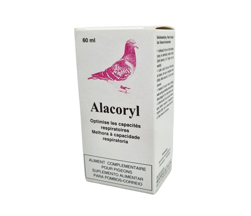 Boîte blanche d'ALACORYL MOUREAU 60 ml montrant un pigeon rose, solution naturelle pour l'optimisation des capacités respiratoires.