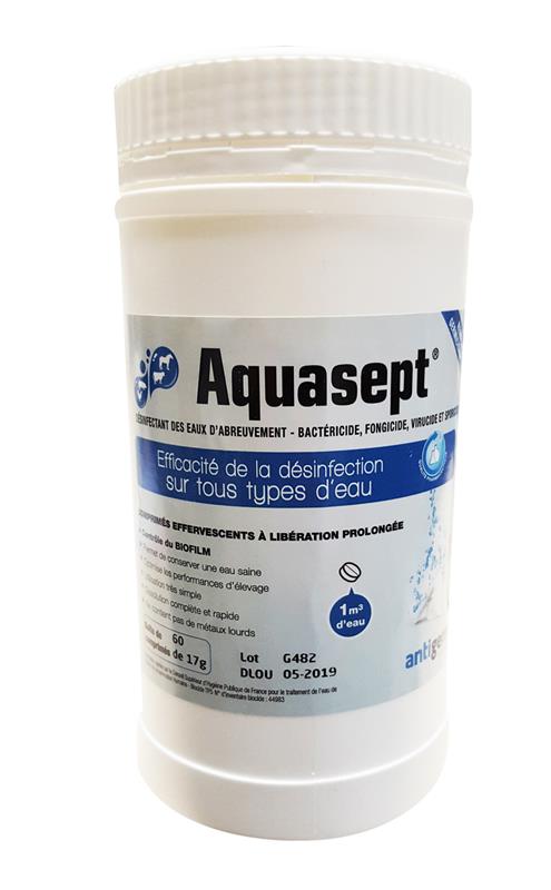 Pot de 60 comprimés Aquasept de 17g pour la désinfection de l'eau de boisson.CCNA
