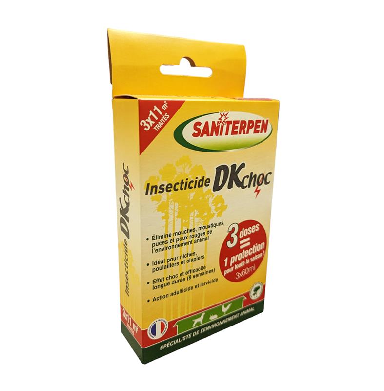 Boîte jaune d'insecticide Saniterpen DK Choc avec 3 dosettes de 60 ml pour le traitement des niches, poulaillers et clapiers.