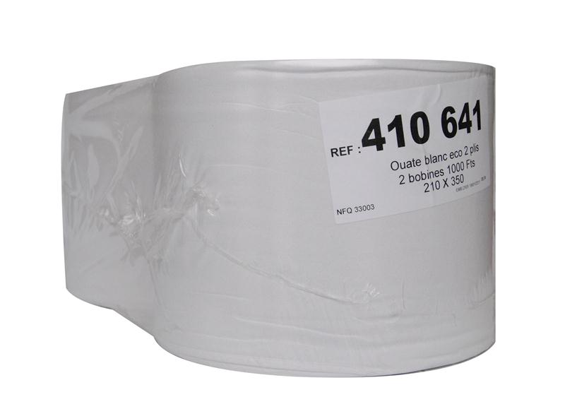 Lot de 2 bobines ouate blanche 900 formats 2 plis 26x35 cm pour essuyage professionnel.