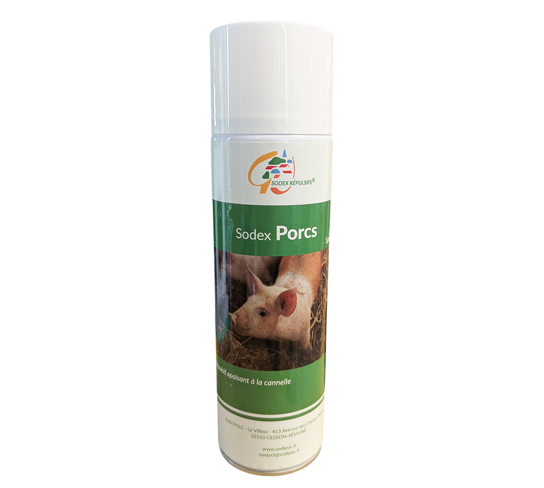 Bombe aérosol blanche et verte SODEX Porcs de 650 ml avec l'image d'un cochon en case pour prévenir les bagarres et le cannibalisme.