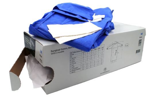 Boîte de 10 blouses chirurgicales stériles Vetnordic taille M bleues hydrofuges avec essuie-mains pour vétérinaire