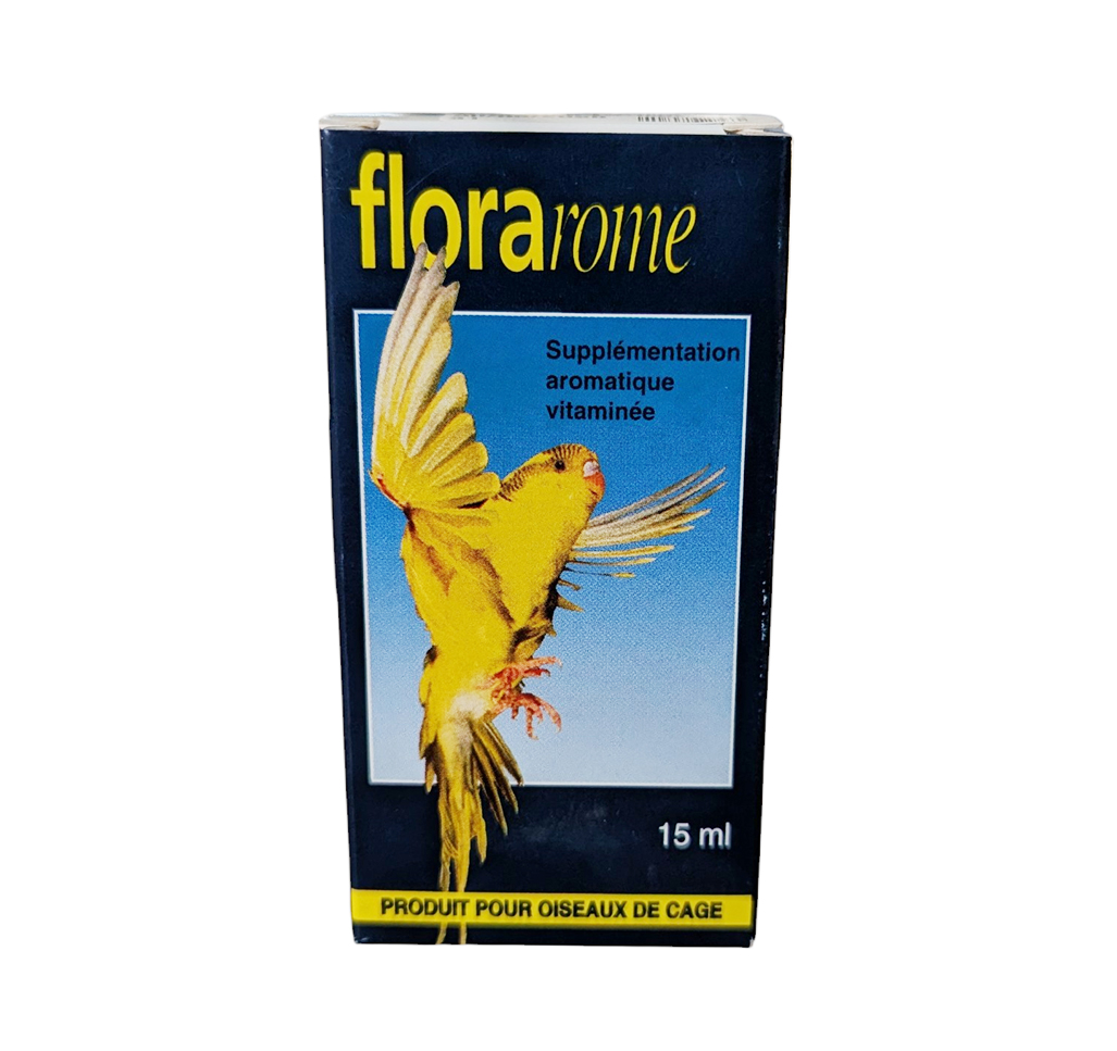 Boîte et flacon de 15 ml de Florarome, supplément aromatique vitaminé pour oiseaux de cage avec l'image d'une perruche jaune en vol.