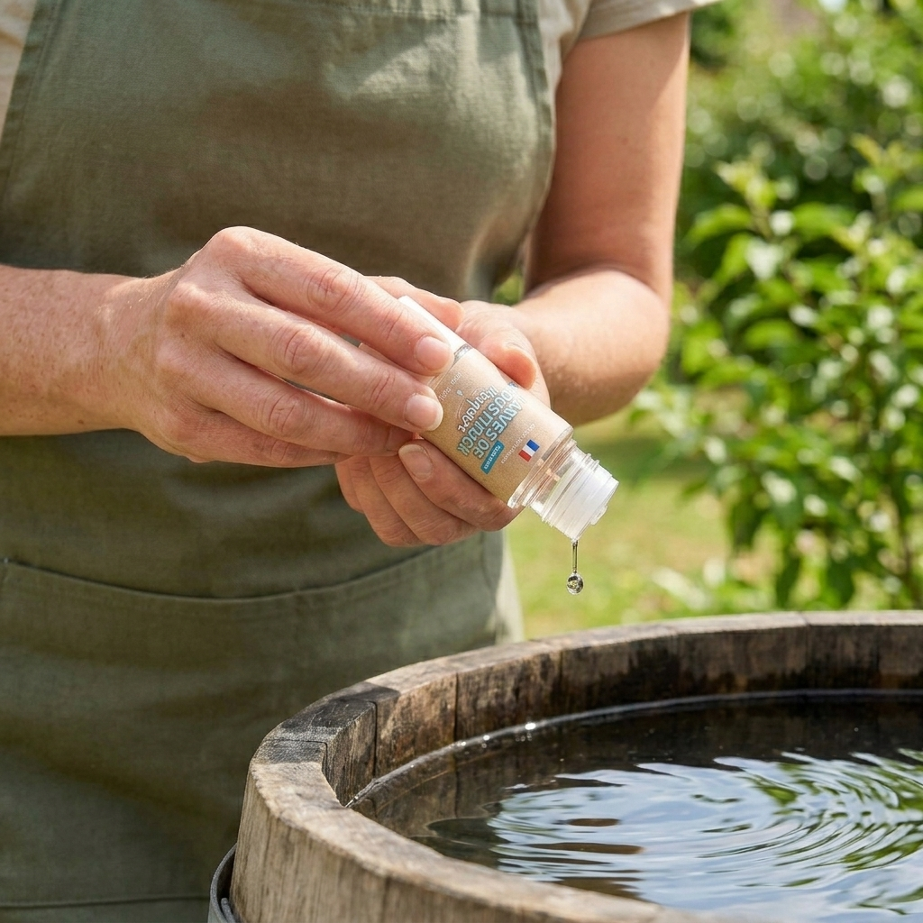 Flacon de 15 ml MOSQUILOCK Larves de Moustiques, solution liquide d'origine végétale fabriquée en France pour traiter les eaux stagnantes.