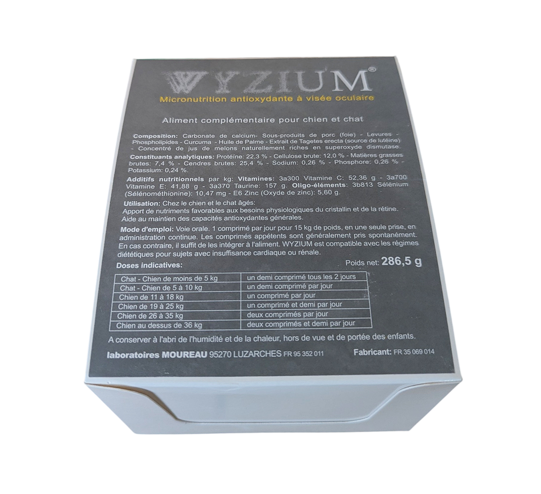 Boîte de 300 comprimés de WYZIUM avec blisters, complément alimentaire antioxydant pour la vision des chiens et chats.