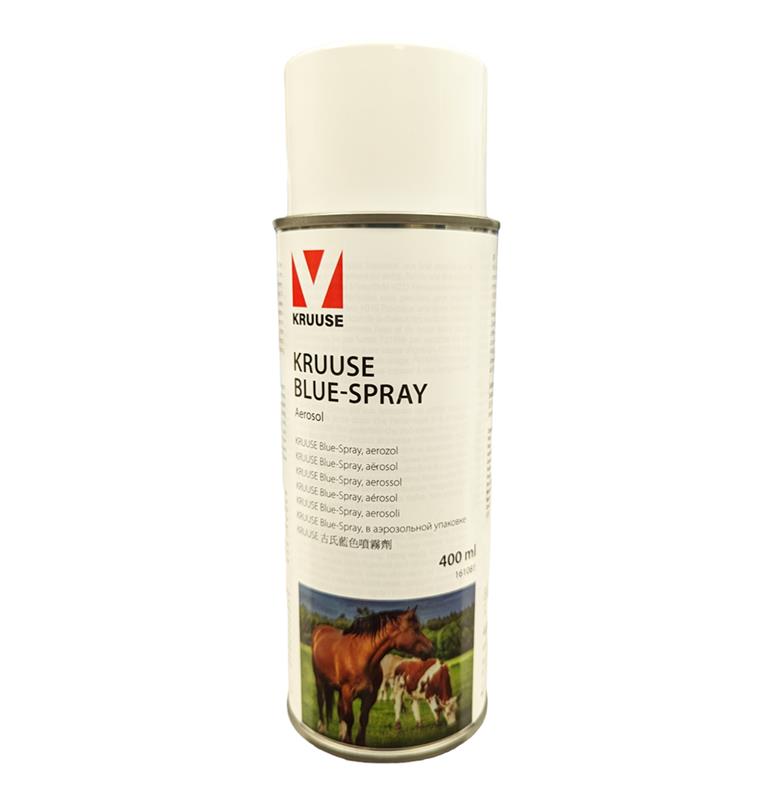 Bombe aérosol blanche KRUUSE Blue-Spray de 400 ml avec visuel de cheval et vache, pour le soin protecteur et désinfectant des plaies animales.