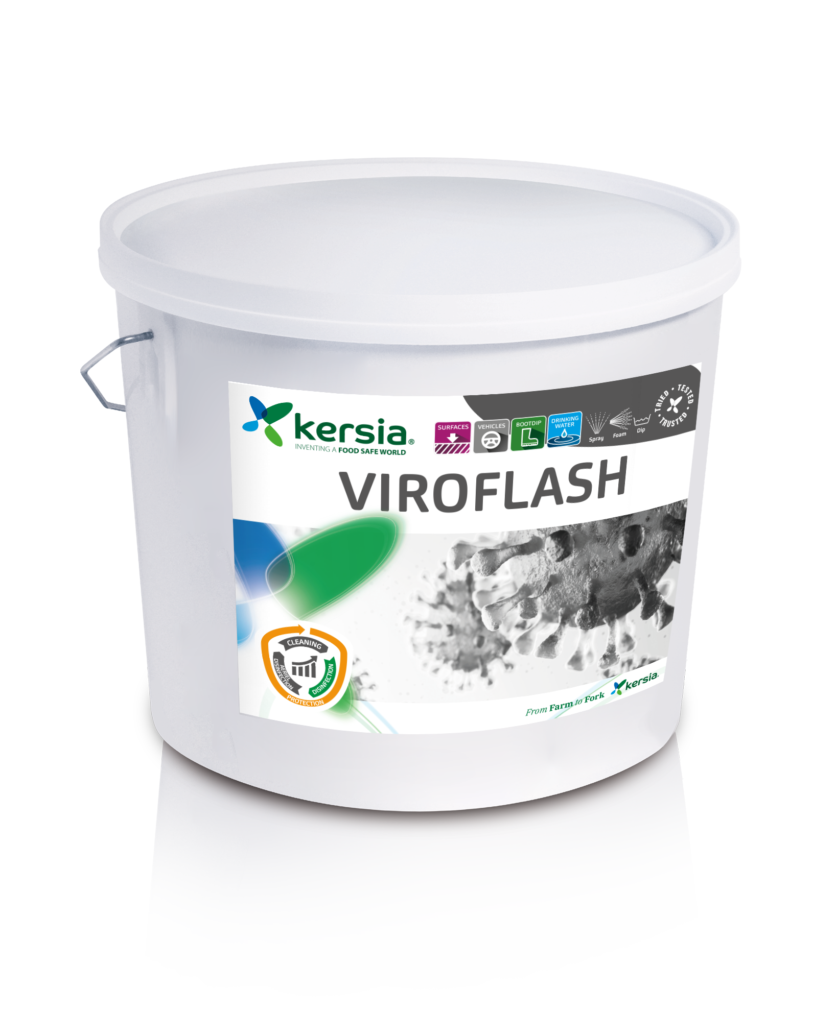 Seau de 5 kg de désinfectant professionnel VIROFLASH, poudre concentrée virucide et bactéricide pour l'élevage et l'agroalimentaire.