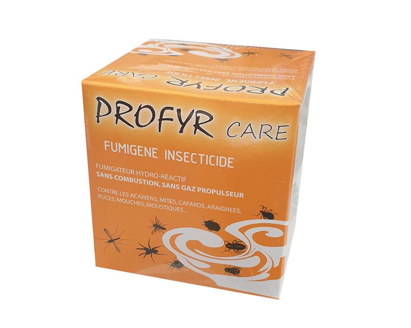Boîte orange du fumigène insecticide PROFYR CARE, fumigateur hydro-réactif contre puces, acariens et cafards.