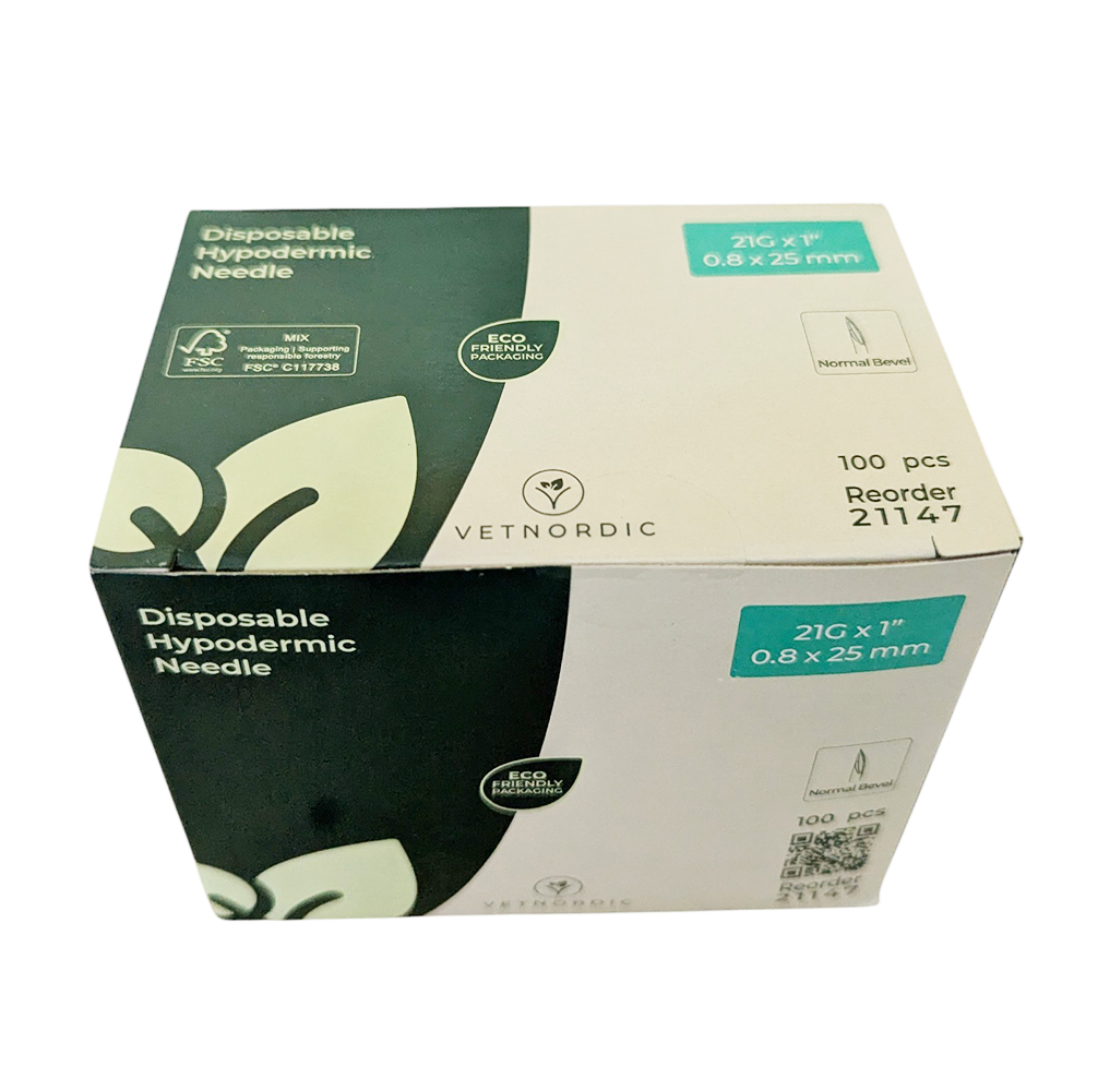 Boîte de 100 aiguilles hypodermiques VetNordic 21G Verte 25mm, pour chiens et chats.
