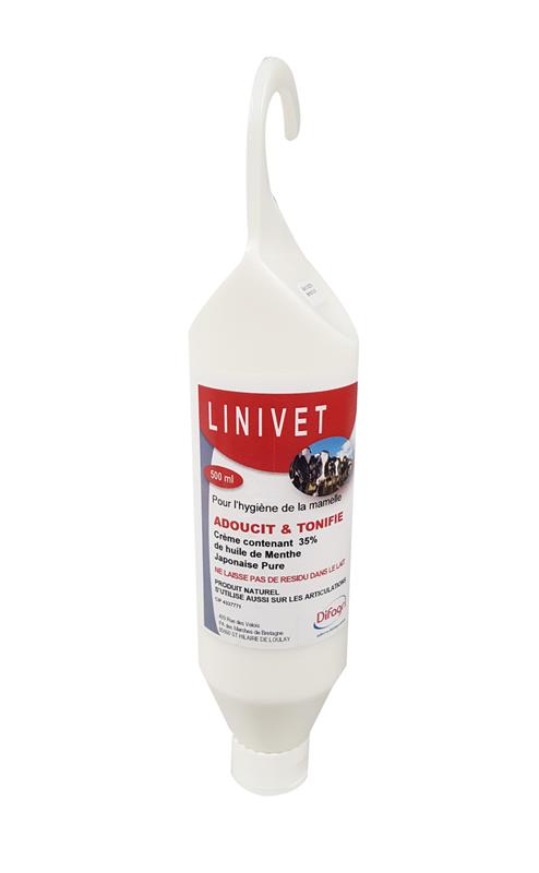 Flacon suspendu blanc de 500 ml de crème LINIVET à base de menthe japonaise pour l'hygiène mammaire et articulaire des vaches.