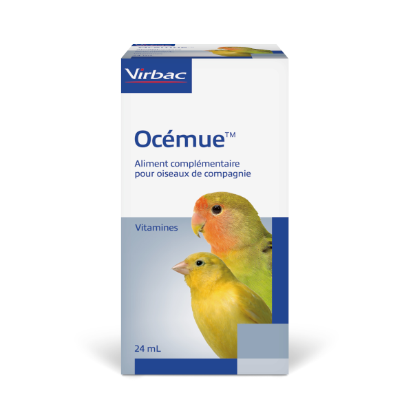 Boîte blanche et bleue d'Océmue™ Virbac de 24 ml avec l'illustration d'une perruche et d'un canari, complément vitaminique pour la mue.