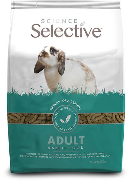 Sachet de 1,5 kg d'extrudés Supreme Science Selective Lapin Adult avec visuel de lapin bélier tacheté.