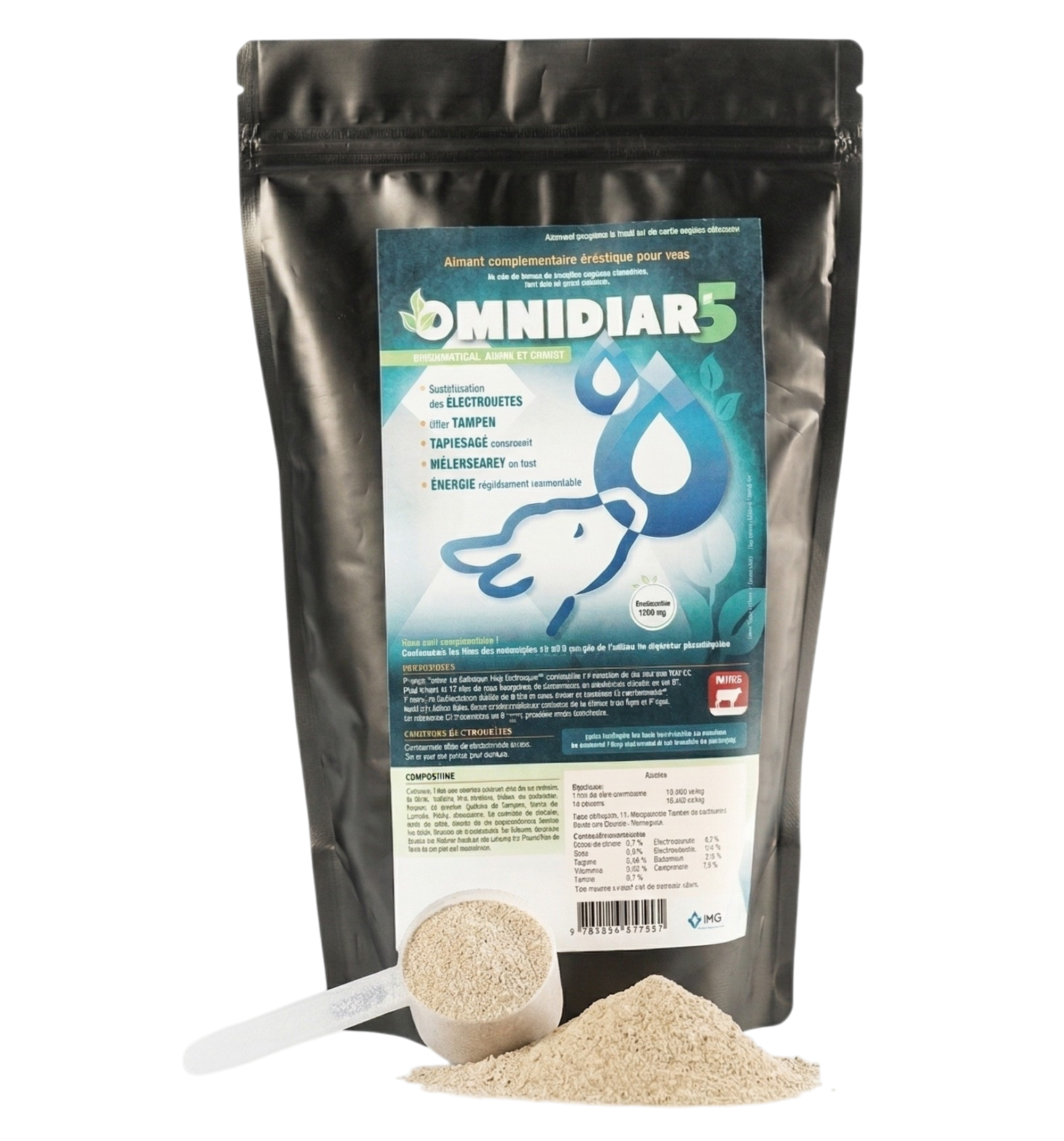 Sachet noir d'Omnidiar avec une dose de poudre, solution électrolytique et protectrice pour le système digestif des veaux.