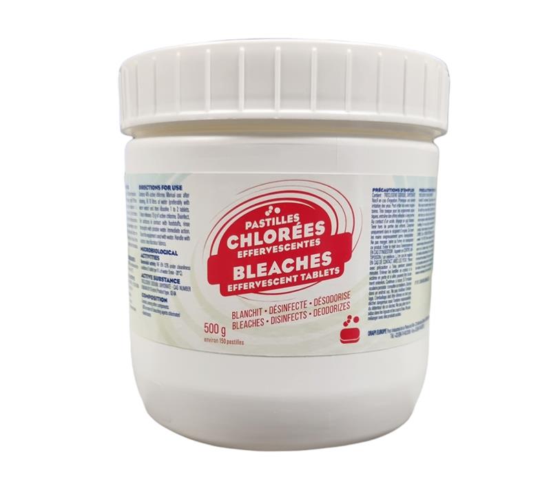 Pot de 150 pastilles chlorées effervescentes de javel pour blanchiment et désinfection.
