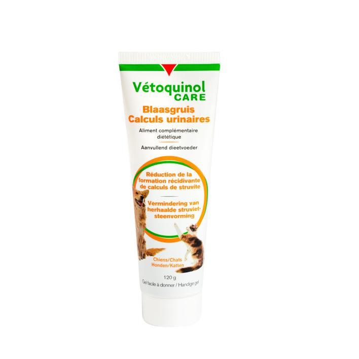 Tube blanc de 120 g de gel Vétoquinol Care Calculs Urinaires pour la réduction des calculs de struvite chez le chien et le chat.