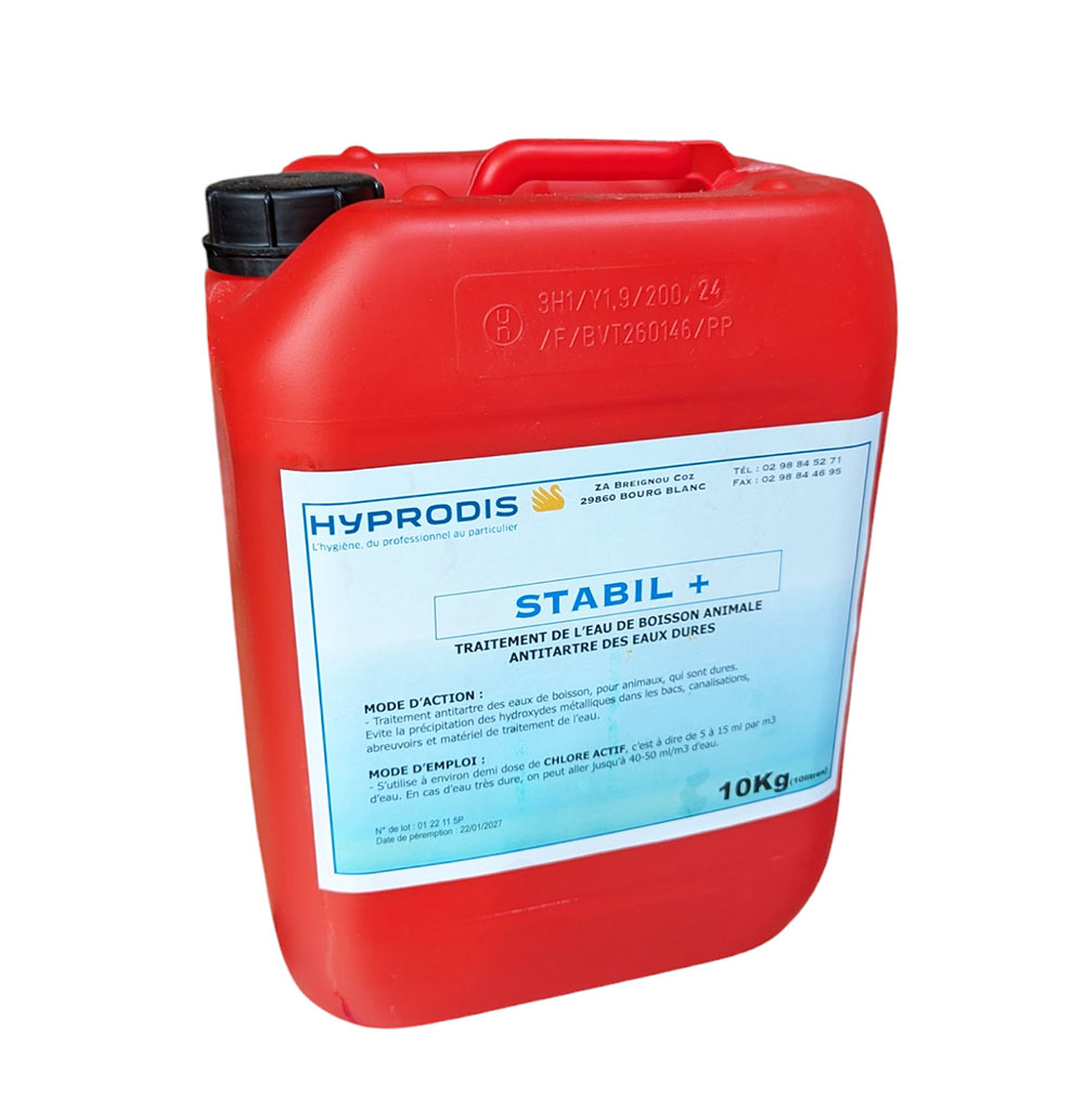 Bidon rouge de 10kg de STABIL + Hyprodis, traitement antitartre et stabilisant de chloration pour l'eau de boisson animale.