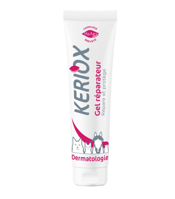 Grand tube de 100 ml de gel réparateur KERIOX® avec le logo HaAg+, conçu pour le soin dermatologique des chiens, chats et chevaux.