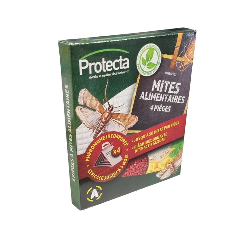 Boîte de 4 pièges à mites alimentaires Protecta Mit'clac Ali, mentionnant l'utilisation de phéromones, l'absence d'insecticide et une efficacité jusqu'à 3 mois.
