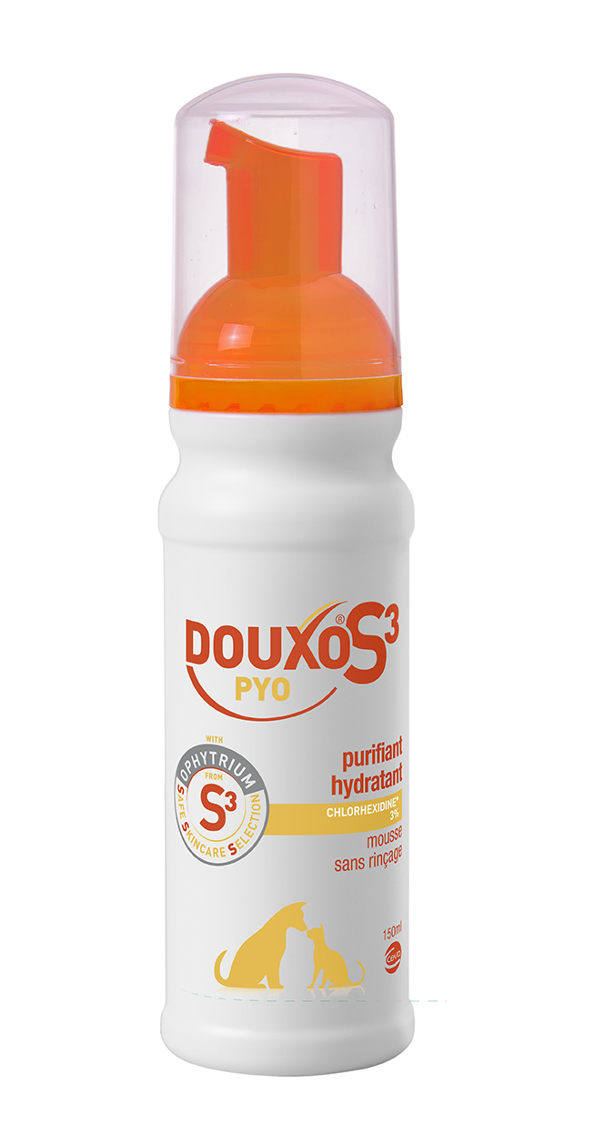 Flacon Douxo S3 Pyo Mousse 150 ml avec pompe doseuse, soin purifiant sans rinçage pour la peau des chiens et chats.