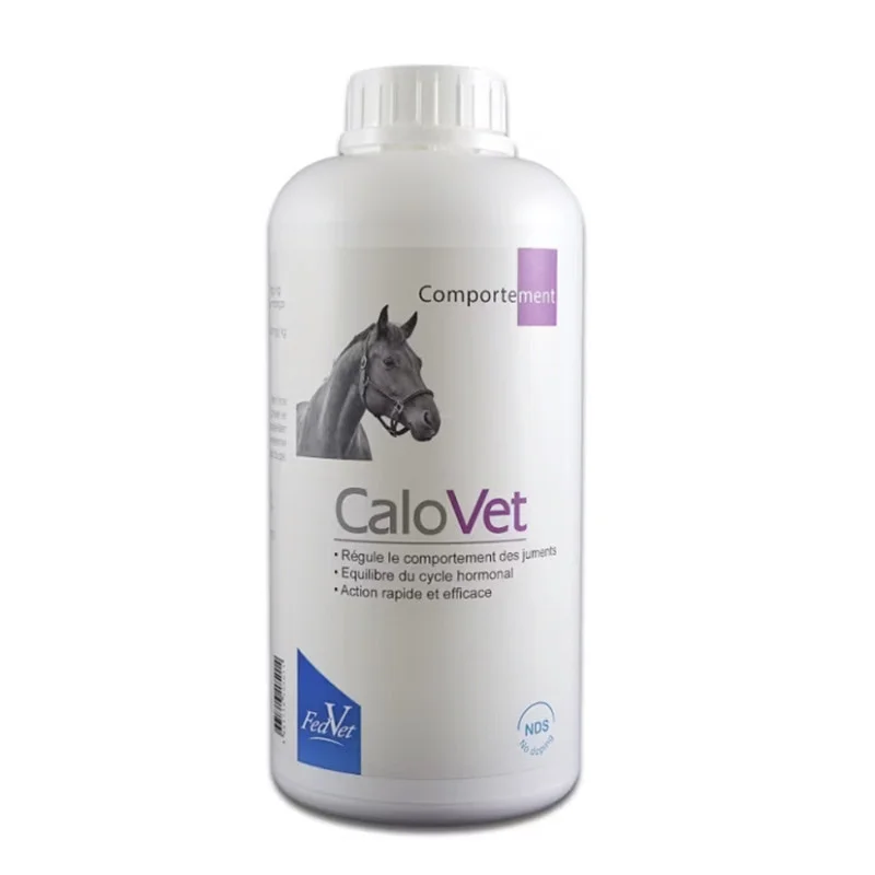 Flacon blanc de 1 Litre de solution liquide CaloVet de FedVet pour la régulation du comportement et du cycle hormonal de la jument.