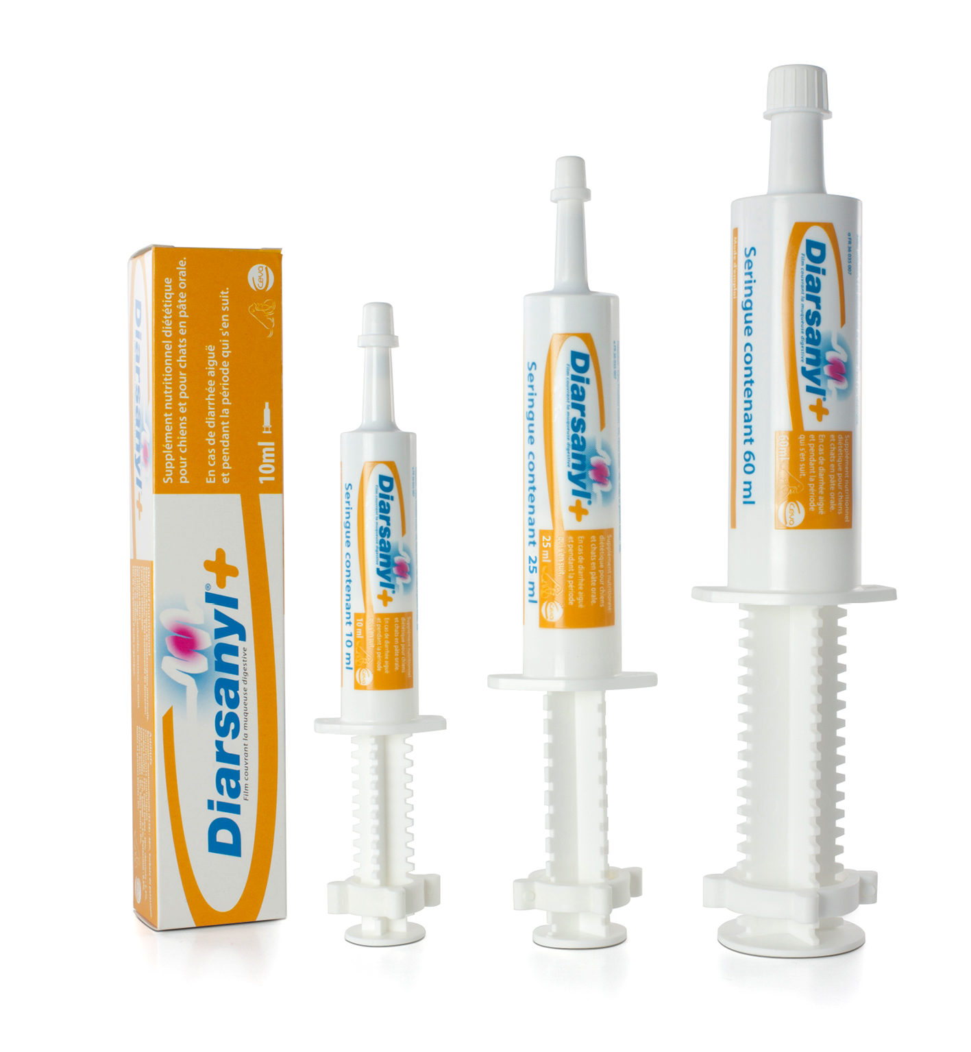 Seringue-doseuse de 10 ml de Diarsanyl+ Ceva, pâte orale blanche et orange pour le traitement digestif des chats et petits chiens.