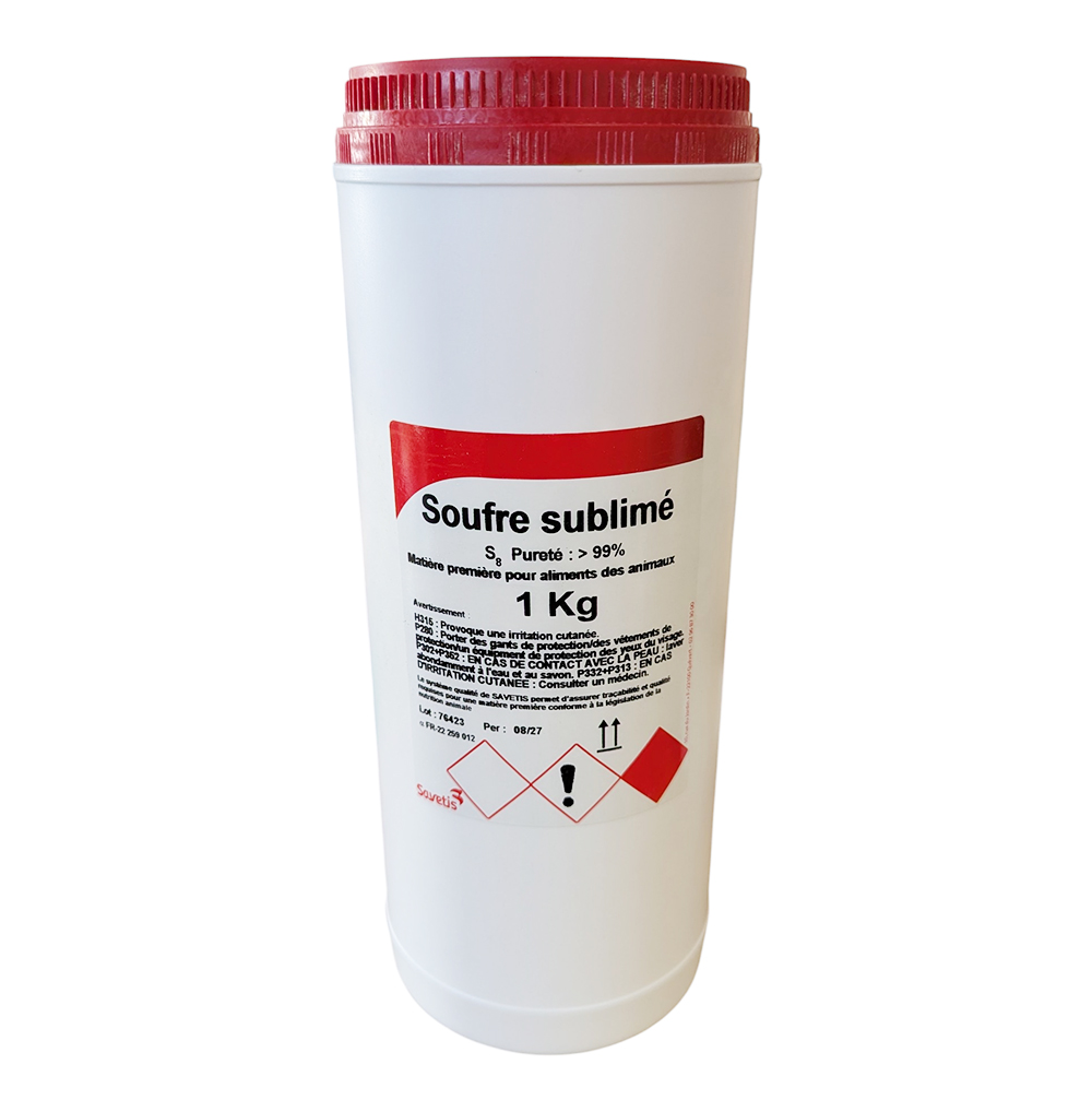 Soufre sublimé technique Savetis 1 kg – désinfectant, adoucissant et fongicide pour l’élevage.