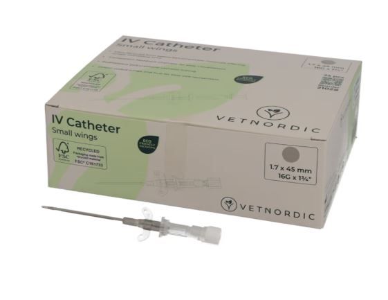 Boîte de 25 cathéters IV gris Vetnordic 16G avec petites ailes et chambre de reflux transparente pour usage vétérinaire.