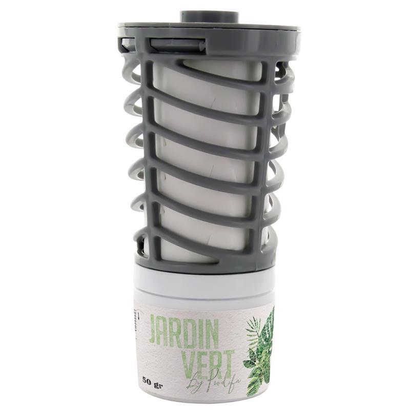 Recharge de parfum Prowind Jardin Vert par Prodifa, diffuseur de 50g à structure grise ajourée libérant une fragrance fraîche et végétale.