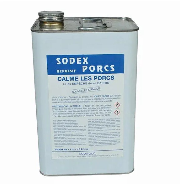 Bidon métallique de 5L de répulsif SODEX pour porcs, nouvelle formule pour calmer l'agressivité et empêcher les bagarres.