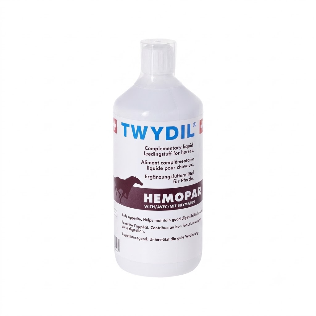 Flacon blanc de 1 Litre de solution liquide Twydil Hemopar à la Silymarine pour le foie et l'appétit du cheval.