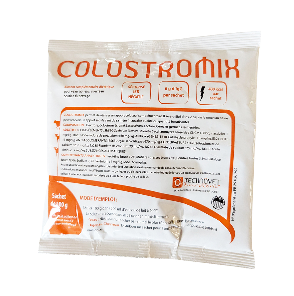 Sachet blanc et orange de 100g de COLOSTROMIX par Technovet, aliment complémentaire riche en anticorps pour veau, agneau et chevreau.