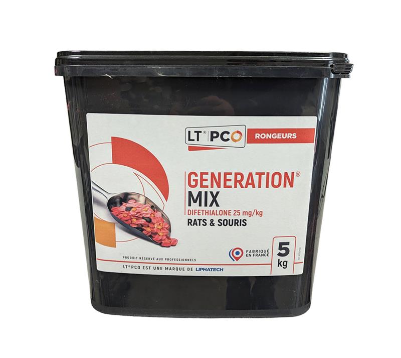 Seau de 5 kg de GENERATION MIX par LIPHATECH, mélange de céréales raticide et souricide à la Diféthialone, fabriqué en France.