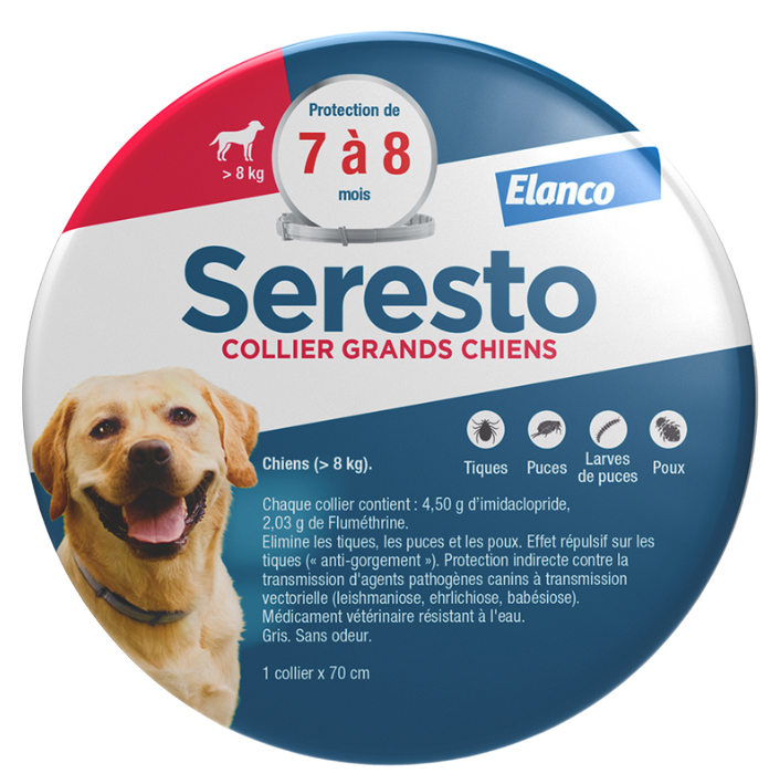 Boîte ronde de Collier Seresto pour grands chiens de plus de 8 kg, garantissant 8 mois de protection continue contre les tiques et les puces.