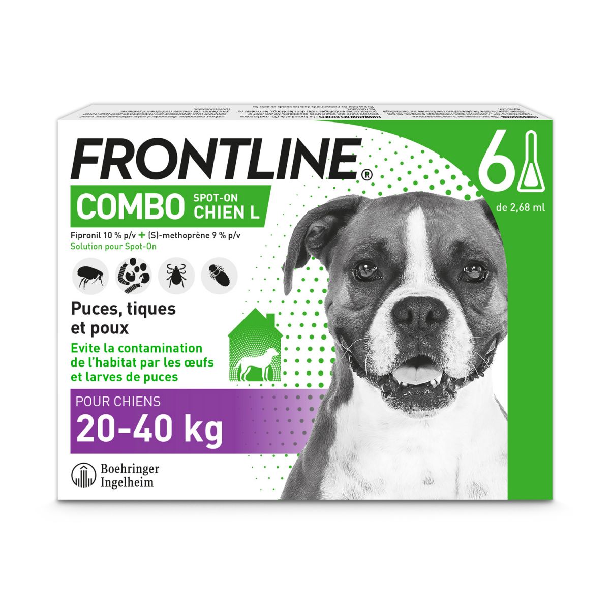 Boîte Frontline Combo Chien L 20-40kg 6 pipettes traitement économique 6 mois.