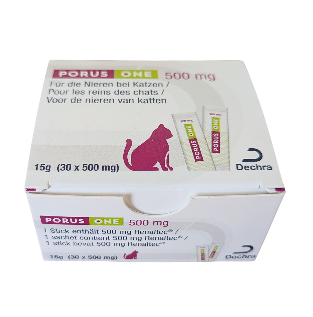 Boîte de Porus One Dechra pour chats contenant 30 sachets de 500 mg, avec une illustration de chat mettant en évidence la fonction rénale.