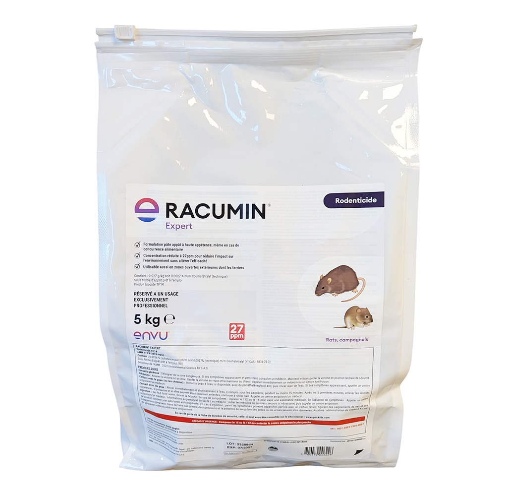 Sac blanc de 5 kg de RACUMIN Expert, appât rodenticide en pâte pour usage professionnel exclusivement.