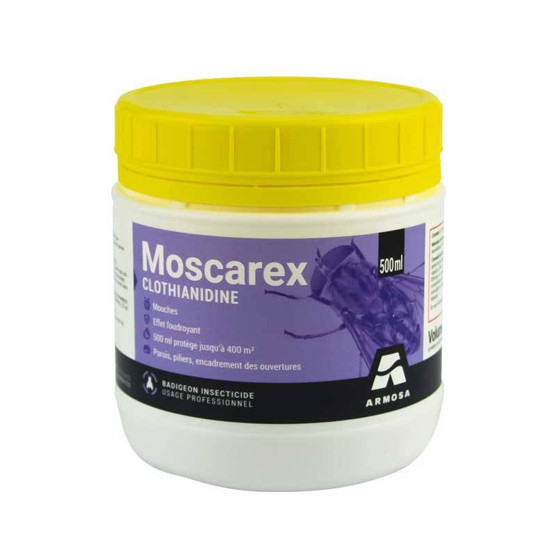 Pot blanc de 500 ml de MOSCAREX insecticide à la Clothianidine d'Armosa avec couvercle jaune, pour le contrôle des mouches en élevage.